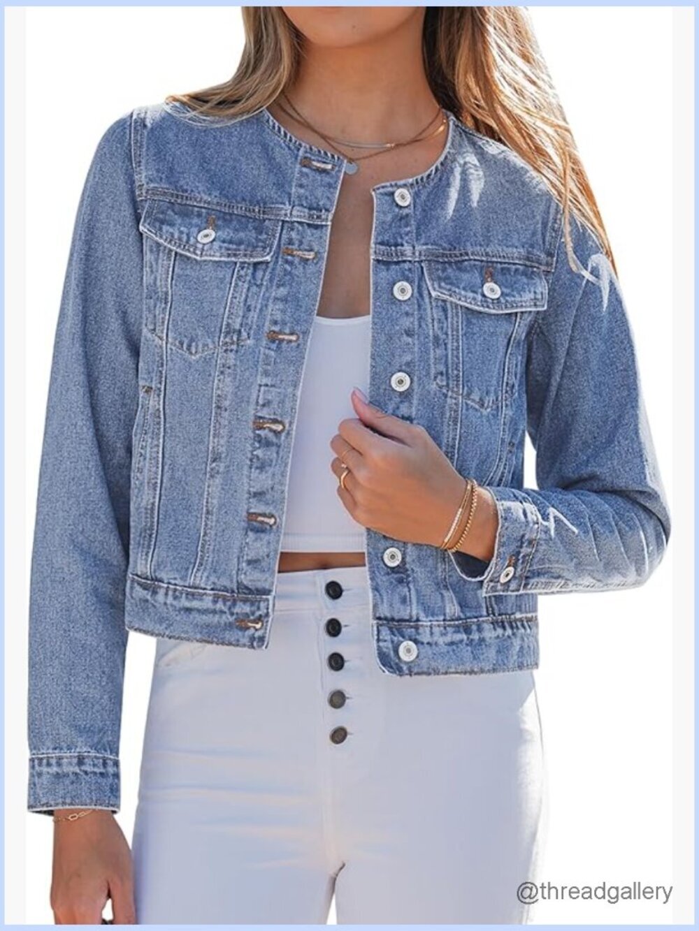 Collarless Denim Jacket Crew Neck Button Down Long Sleeve Western Style